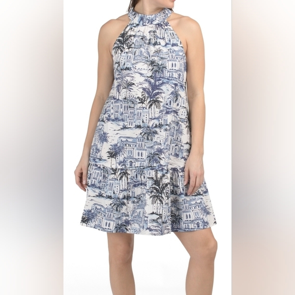 Calypso St. Barth Blue and White Sleeveless Halter Type Dress Small Pockets NWOT - Picture 2 of 11